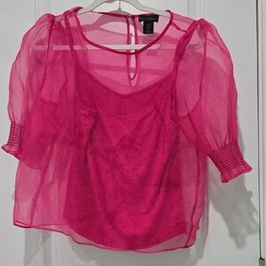 House of Harlow 1960 Pink Sheer Smocked Puff Sleeve Blouse